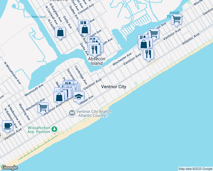 map of restaurants, bars, coffee shops, grocery stores, and more near 14 South Derby Avenue in Ventnor City