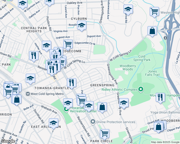 map of restaurants, bars, coffee shops, grocery stores, and more near 2529 Loyola Northway in Baltimore