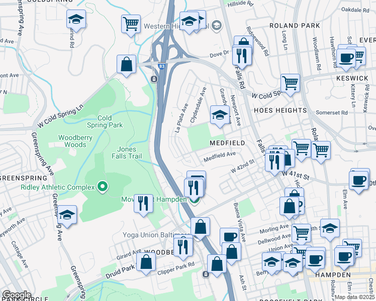 map of restaurants, bars, coffee shops, grocery stores, and more near 4309 Medfield Avenue in Baltimore