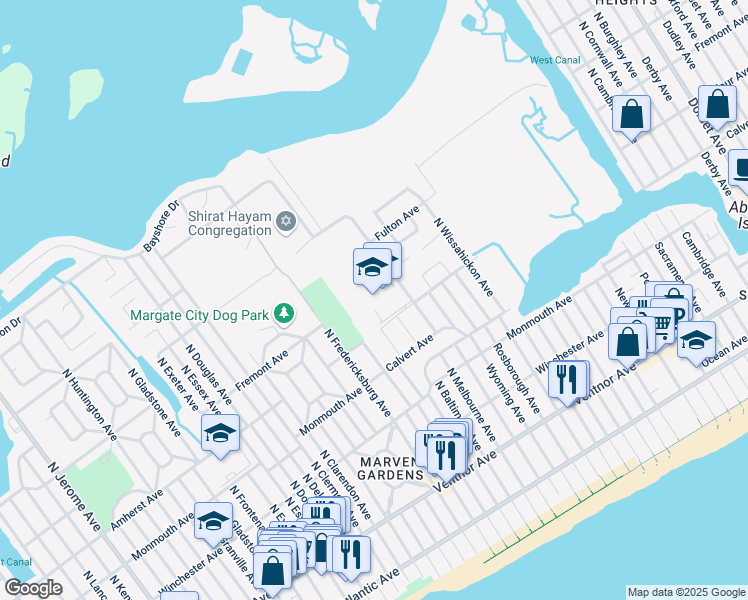 map of restaurants, bars, coffee shops, grocery stores, and more near 400 North Lafayette Avenue in Ventnor City
