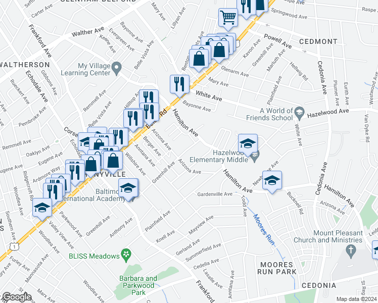 map of restaurants, bars, coffee shops, grocery stores, and more near 5621 Greenhill Avenue in Baltimore