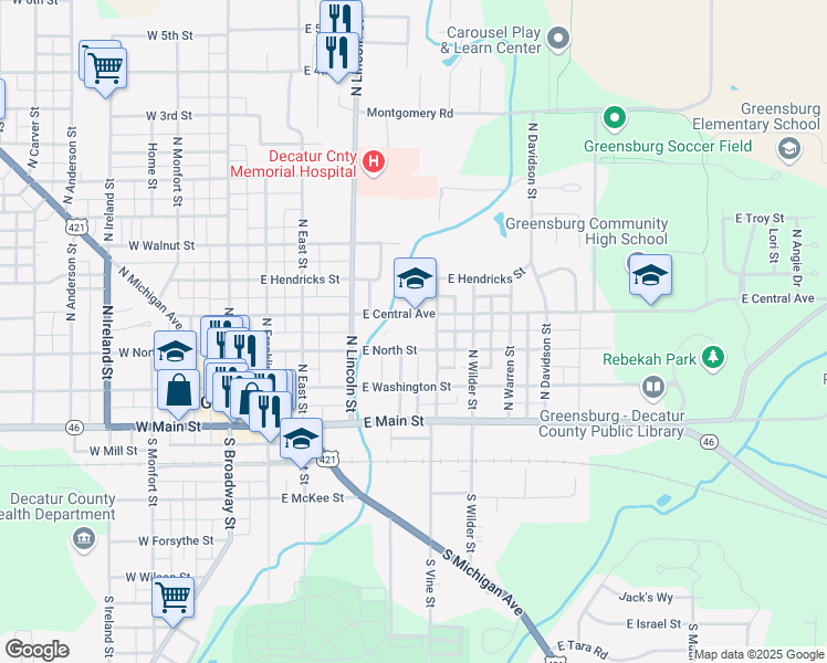 map of restaurants, bars, coffee shops, grocery stores, and more near 505 East Central Avenue in Greensburg