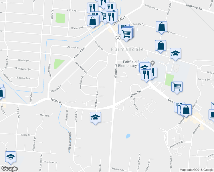 map of restaurants, bars, coffee shops, grocery stores, and more near 19 Blackwell Court in Fairfield