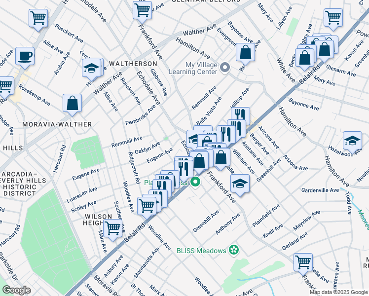 map of restaurants, bars, coffee shops, grocery stores, and more near 4015 Echodale Avenue in Baltimore