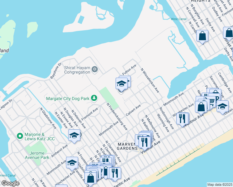 map of restaurants, bars, coffee shops, grocery stores, and more near 400 North Lafayette Avenue in Ventnor City