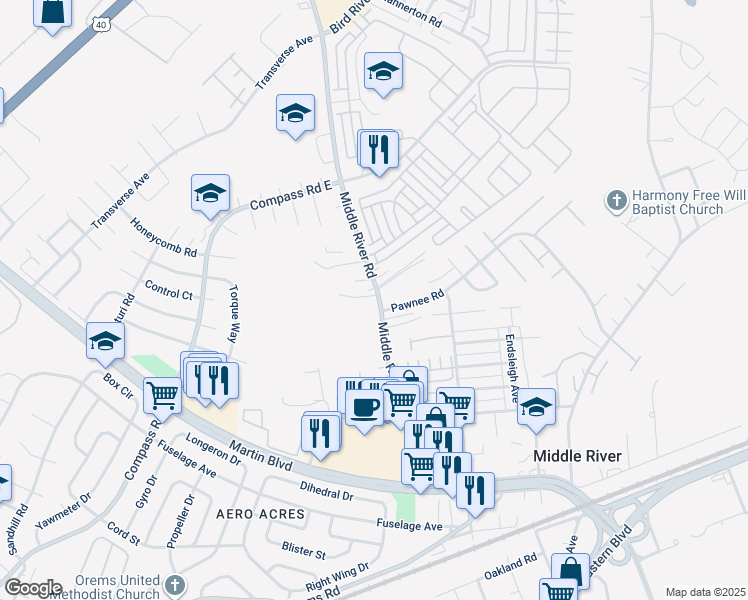 map of restaurants, bars, coffee shops, grocery stores, and more near 510 Middle River Road in Middle River