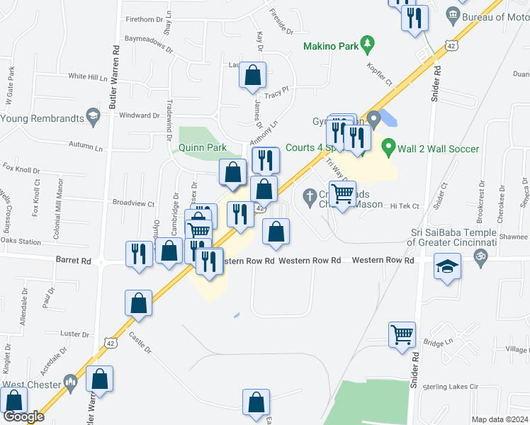 map of restaurants, bars, coffee shops, grocery stores, and more near 1030 Reading Road in Mason