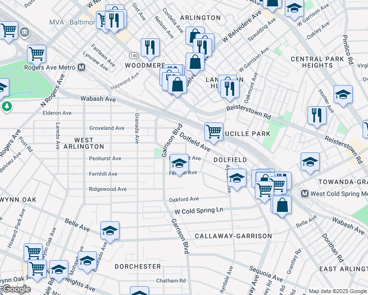 map of restaurants, bars, coffee shops, grocery stores, and more near 4612 Wallington Avenue in Baltimore