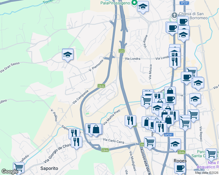 map of restaurants, bars, coffee shops, grocery stores, and more near 1 Viale dei Giardini in Quattromiglia
