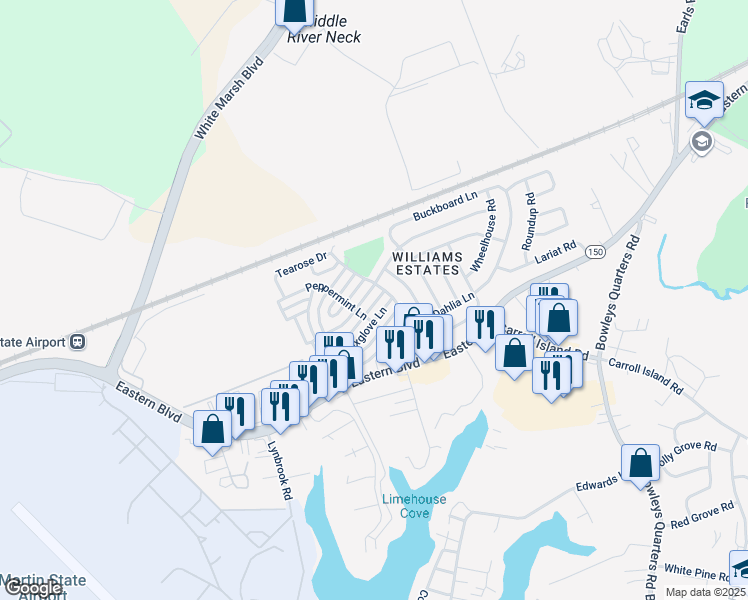map of restaurants, bars, coffee shops, grocery stores, and more near 3304 Gentian Lane in Middle River