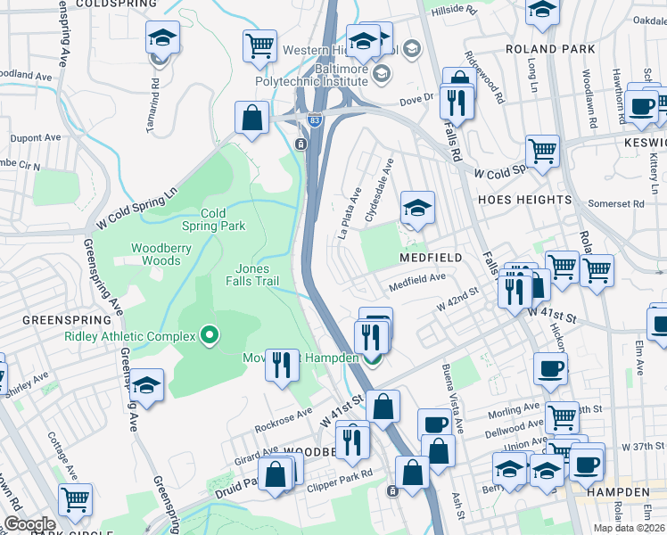 map of restaurants, bars, coffee shops, grocery stores, and more near 4320 Roland Heights Avenue in Baltimore