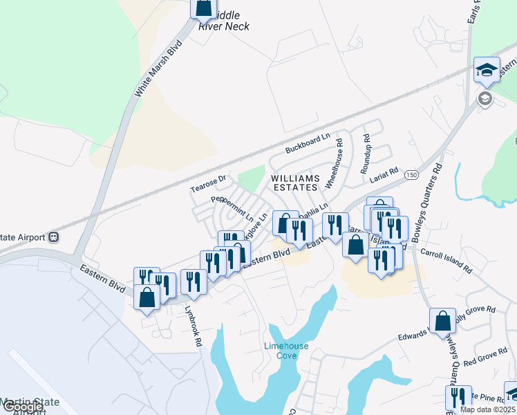 map of restaurants, bars, coffee shops, grocery stores, and more near 3304 Gentian Lane in Middle River