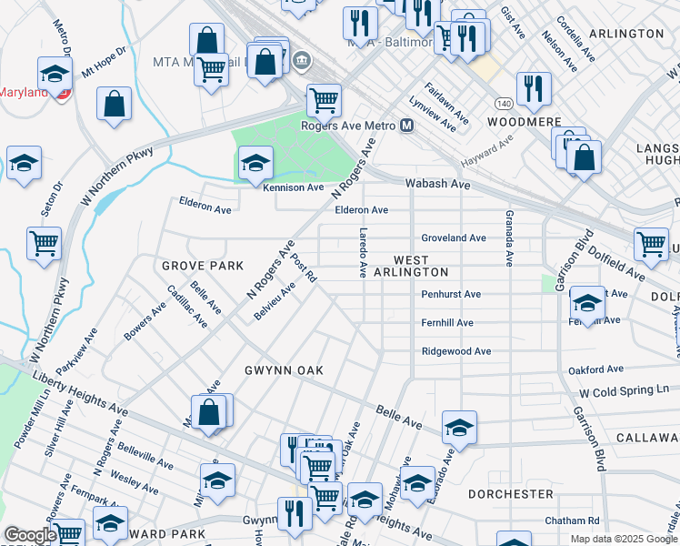 map of restaurants, bars, coffee shops, grocery stores, and more near 4411 Belvieu Avenue in Baltimore