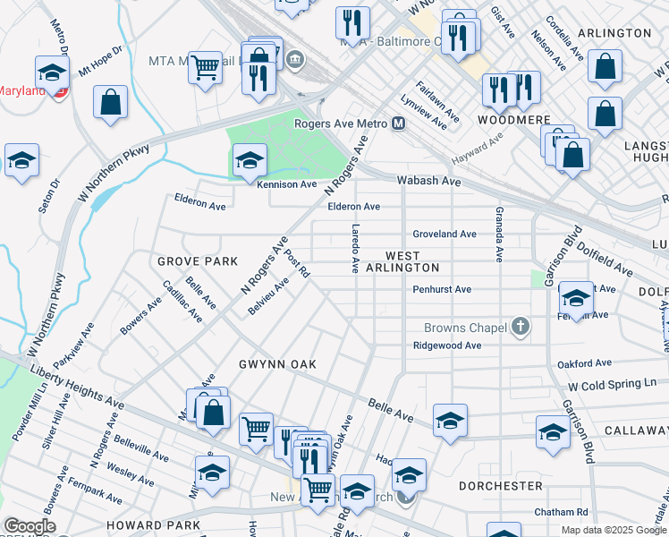 map of restaurants, bars, coffee shops, grocery stores, and more near 4411 Belvieu Avenue in Baltimore
