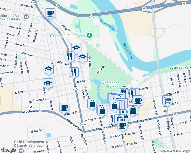 map of restaurants, bars, coffee shops, grocery stores, and more near Enderlin Circle in Chillicothe