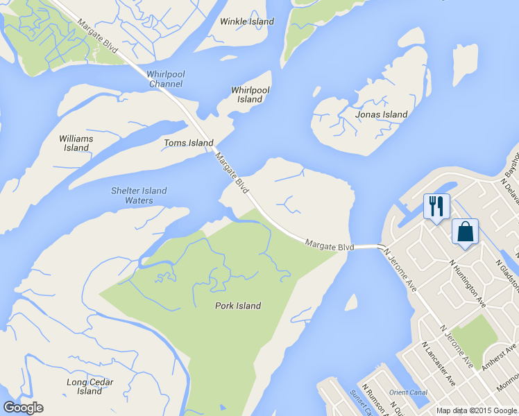 map of restaurants, bars, coffee shops, grocery stores, and more near 16 Margate Boulevard in Margate City