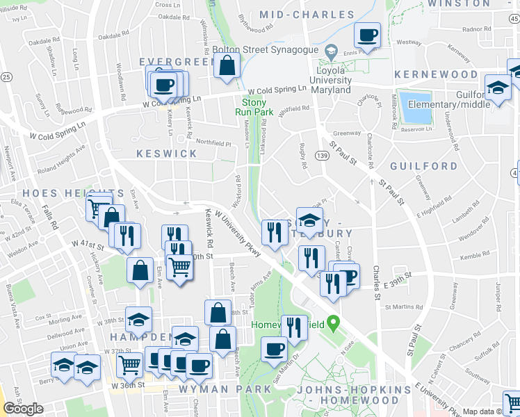 map of restaurants, bars, coffee shops, grocery stores, and more near 4010 Linkwood Road in Baltimore