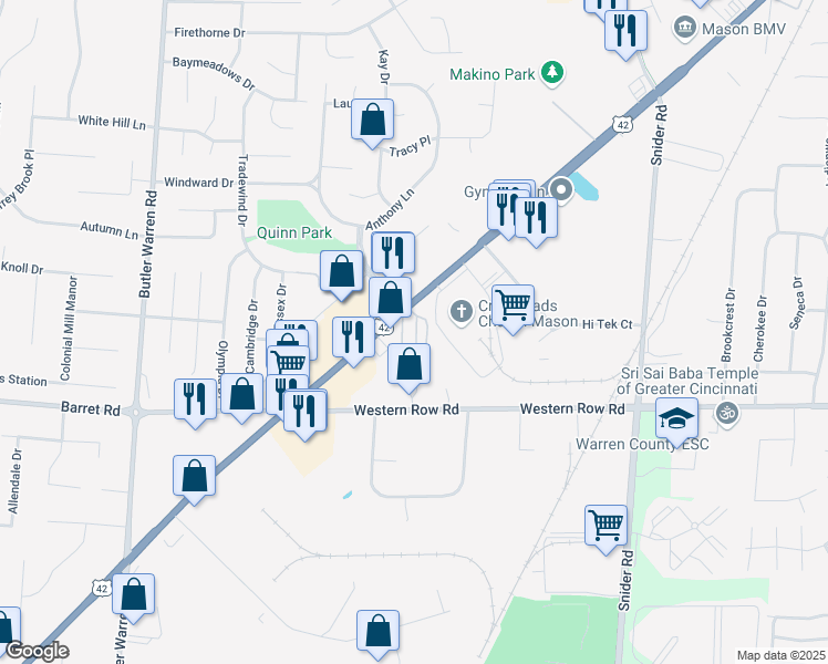 map of restaurants, bars, coffee shops, grocery stores, and more near 1030 Reading Road in Mason