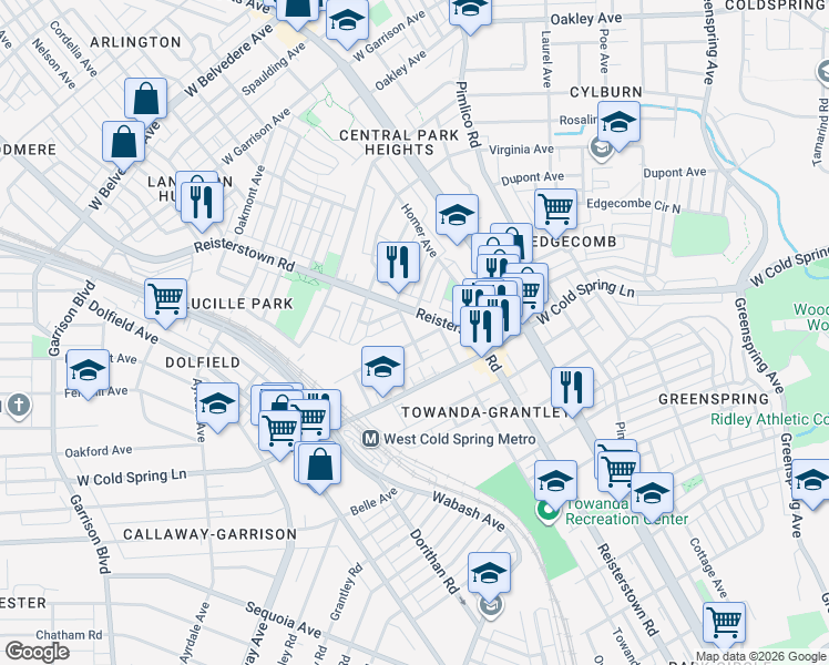 map of restaurants, bars, coffee shops, grocery stores, and more near 4509 Umatilla Avenue in Baltimore