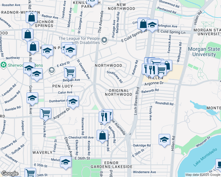 map of restaurants, bars, coffee shops, grocery stores, and more near 1104 Argonne Drive in Baltimore