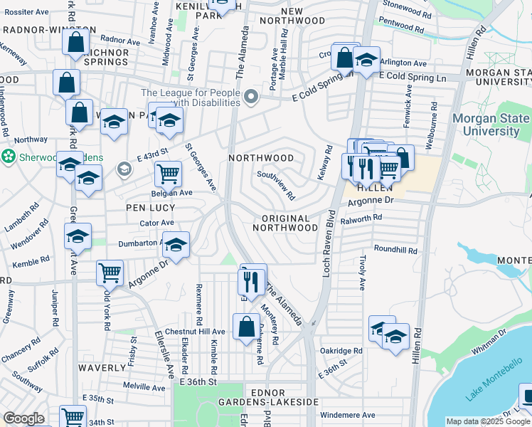 map of restaurants, bars, coffee shops, grocery stores, and more near 1104 Argonne Drive in Baltimore