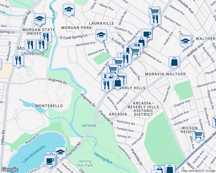map of restaurants, bars, coffee shops, grocery stores, and more near 2920 Overland Avenue in Baltimore