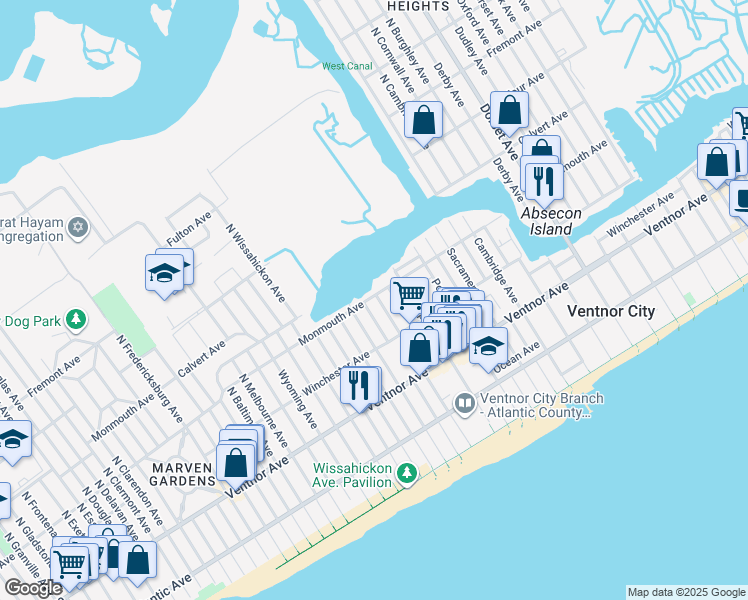 map of restaurants, bars, coffee shops, grocery stores, and more near 130 North New Haven Avenue in Ventnor City