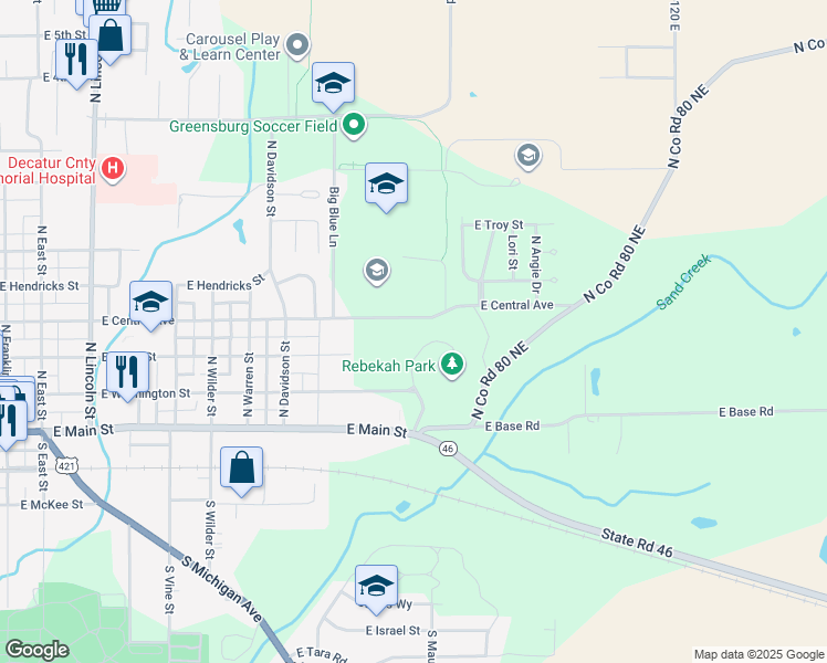 map of restaurants, bars, coffee shops, grocery stores, and more near 1021 East Central Avenue in Greensburg