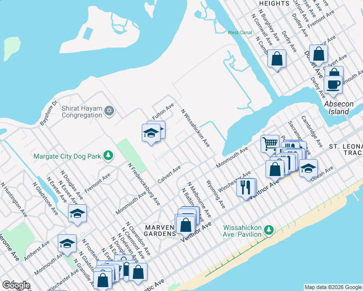 map of restaurants, bars, coffee shops, grocery stores, and more near 213 North Lafayette Avenue in Ventnor City