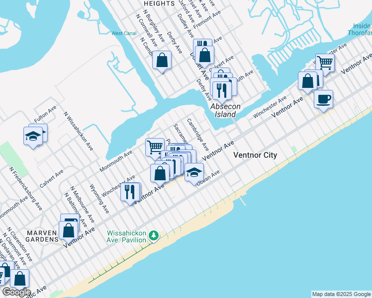 map of restaurants, bars, coffee shops, grocery stores, and more near in Ventnor City