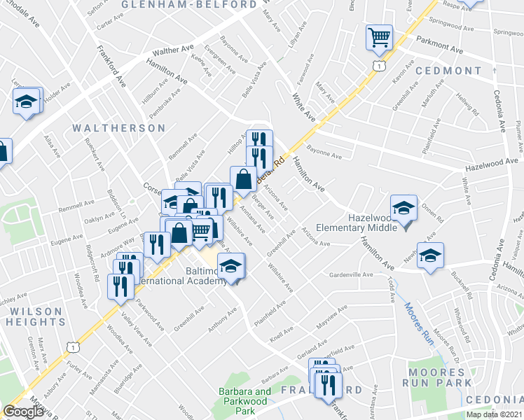 map of restaurants, bars, coffee shops, grocery stores, and more near 4227 Berger Avenue in Baltimore