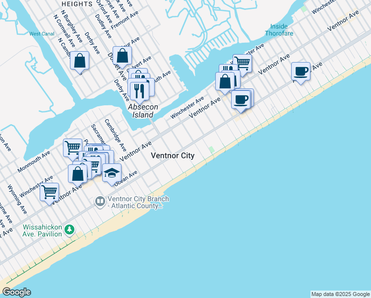 map of restaurants, bars, coffee shops, grocery stores, and more near 111 South Dudley Avenue in Ventnor City