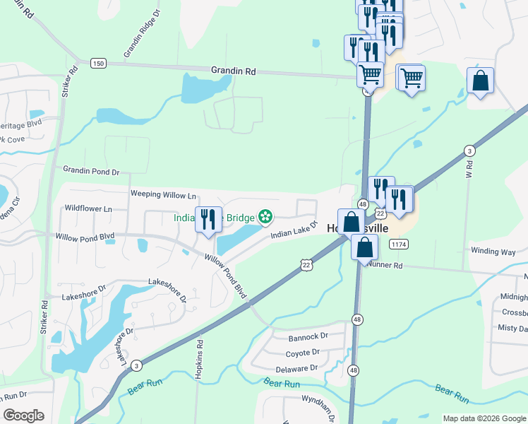 map of restaurants, bars, coffee shops, grocery stores, and more near 332 Indian Pointe Drive in Maineville