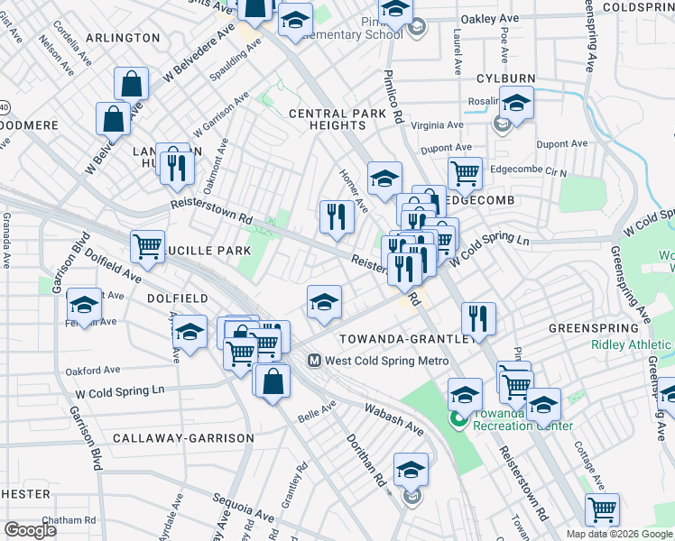 map of restaurants, bars, coffee shops, grocery stores, and more near 4524 Umatilla Avenue in Baltimore