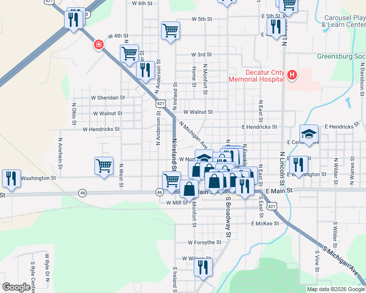 map of restaurants, bars, coffee shops, grocery stores, and more near 320 West North Street in Greensburg