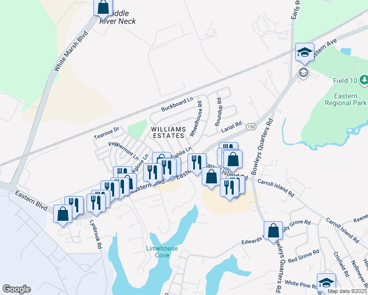 map of restaurants, bars, coffee shops, grocery stores, and more near 103 Conestoga Road in Middle River
