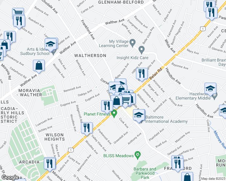 map of restaurants, bars, coffee shops, grocery stores, and more near 4021 Frankford Avenue in Baltimore