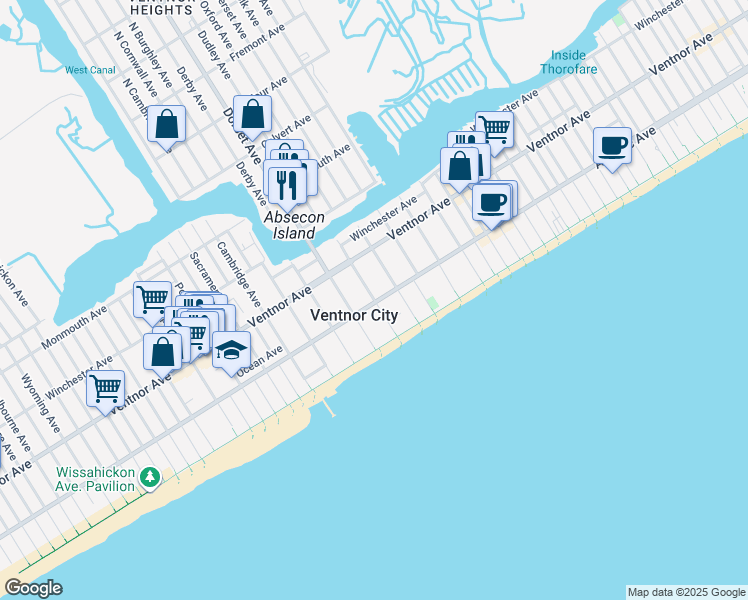 map of restaurants, bars, coffee shops, grocery stores, and more near 5802 Boardwalk in Ventnor City