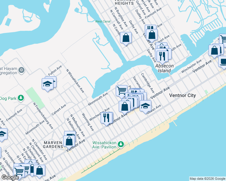 map of restaurants, bars, coffee shops, grocery stores, and more near 105 North New Haven Avenue in Ventnor City