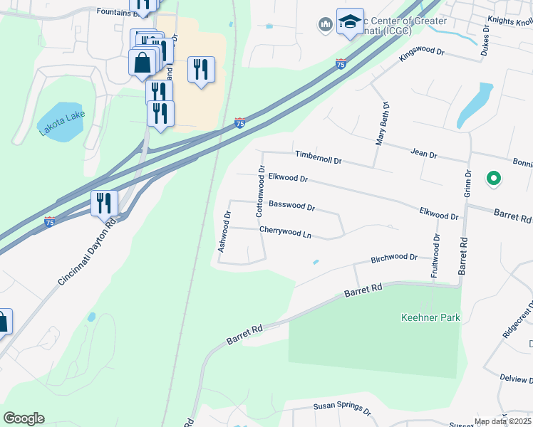 map of restaurants, bars, coffee shops, grocery stores, and more near 8470 Cottonwood Drive in Butler County