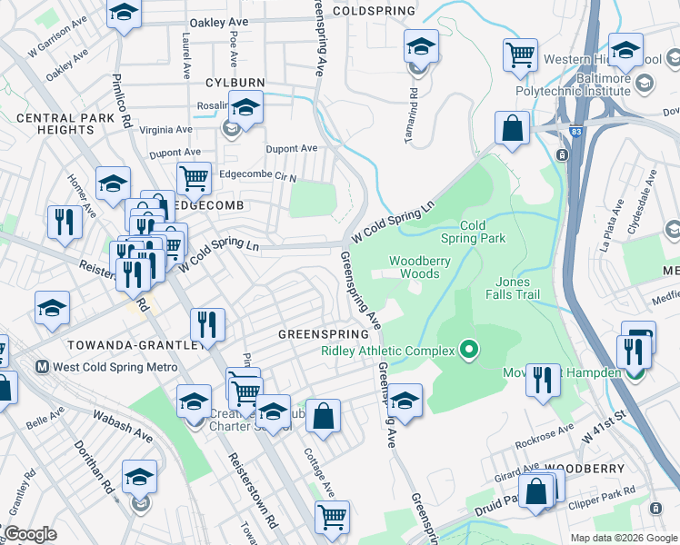 map of restaurants, bars, coffee shops, grocery stores, and more near 2406 Loyola Northway in Baltimore