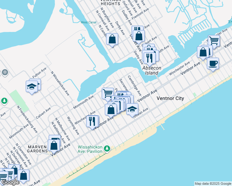 map of restaurants, bars, coffee shops, grocery stores, and more near 125 North Portland Avenue in Ventnor City