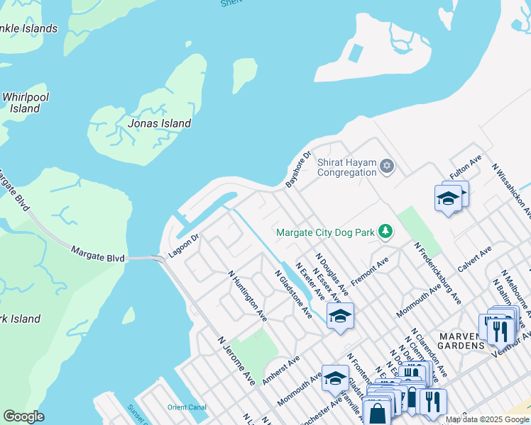 map of restaurants, bars, coffee shops, grocery stores, and more near 7802 Bayshore Drive in Margate City