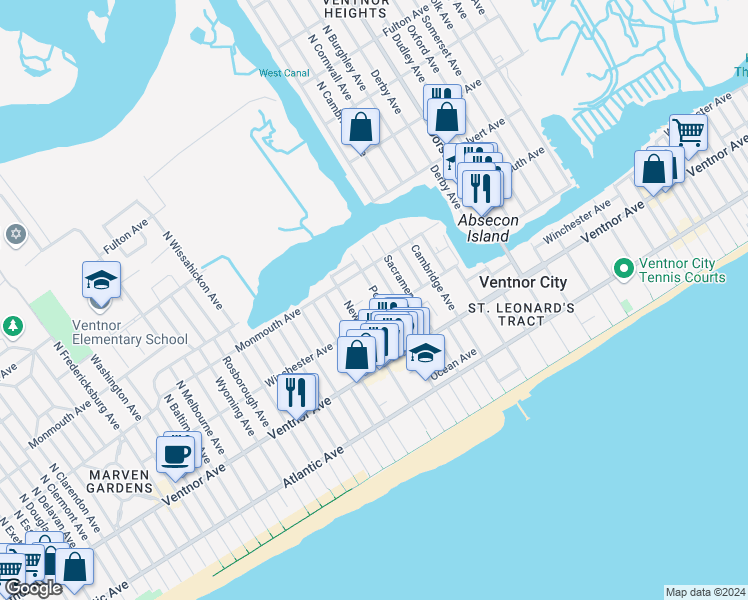map of restaurants, bars, coffee shops, grocery stores, and more near 125 North Portland Avenue in Ventnor City