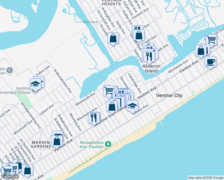 map of restaurants, bars, coffee shops, grocery stores, and more near 125 North Portland Avenue in Ventnor City