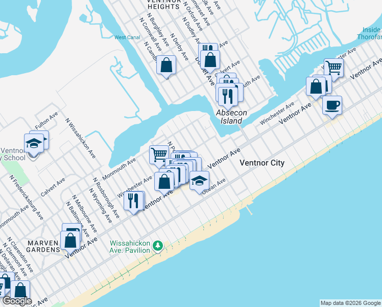 map of restaurants, bars, coffee shops, grocery stores, and more near 105 North Sacramento Avenue in Ventnor City