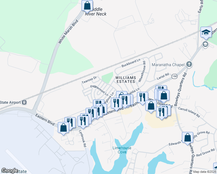 map of restaurants, bars, coffee shops, grocery stores, and more near 3306 Honeysuckle Lane in Middle River