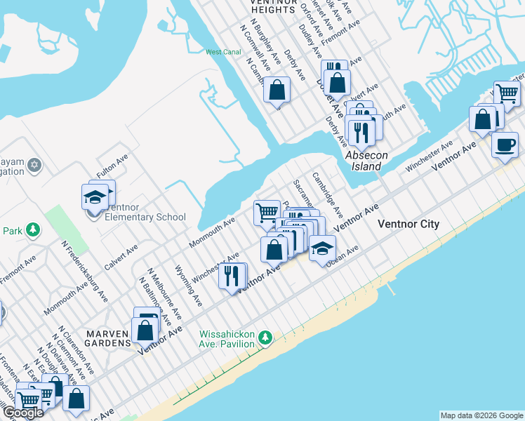 map of restaurants, bars, coffee shops, grocery stores, and more near 6429 Monmouth Avenue in Ventnor City