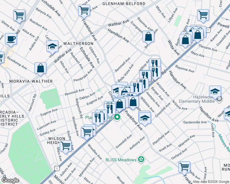 map of restaurants, bars, coffee shops, grocery stores, and more near 4017 Frankford Ave in Baltimore