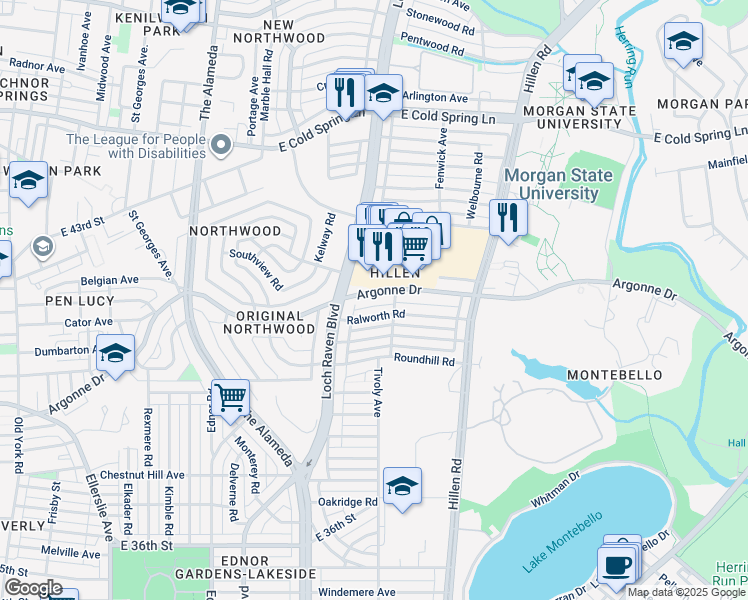 map of restaurants, bars, coffee shops, grocery stores, and more near 1519 Argonne Drive in Baltimore